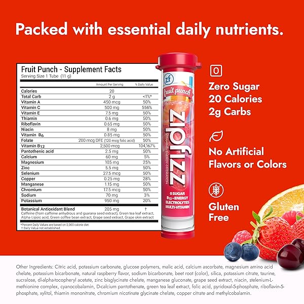 ZIPFIZZ DAILY ENERGY DRINK POWDER, FRUIT PUNCH, 20 PACK 3-IN-1 SUSTAINED ENERGY, RAPID HYDRATION, AND ESSENTIAL VITAMINS SUGAR-FREE ELECTROLYTE POWDER CONTAINS VITAMIN B-12 & ANTIOXIDANTS