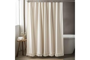 TURKIO Linen Shower Curtain Boho Beige Shower Curtains for Bathroom Thick Fabric Shower Curtain with Tassels Neutral Shower Curtains Rustic Farmhouse Bath Decor 72 Inch