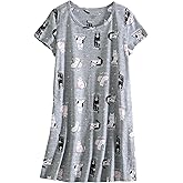 PNAEONG Women's Cotton Nightgown Sleepwear Short Sleeves Shirt Casual Print Sleepdress