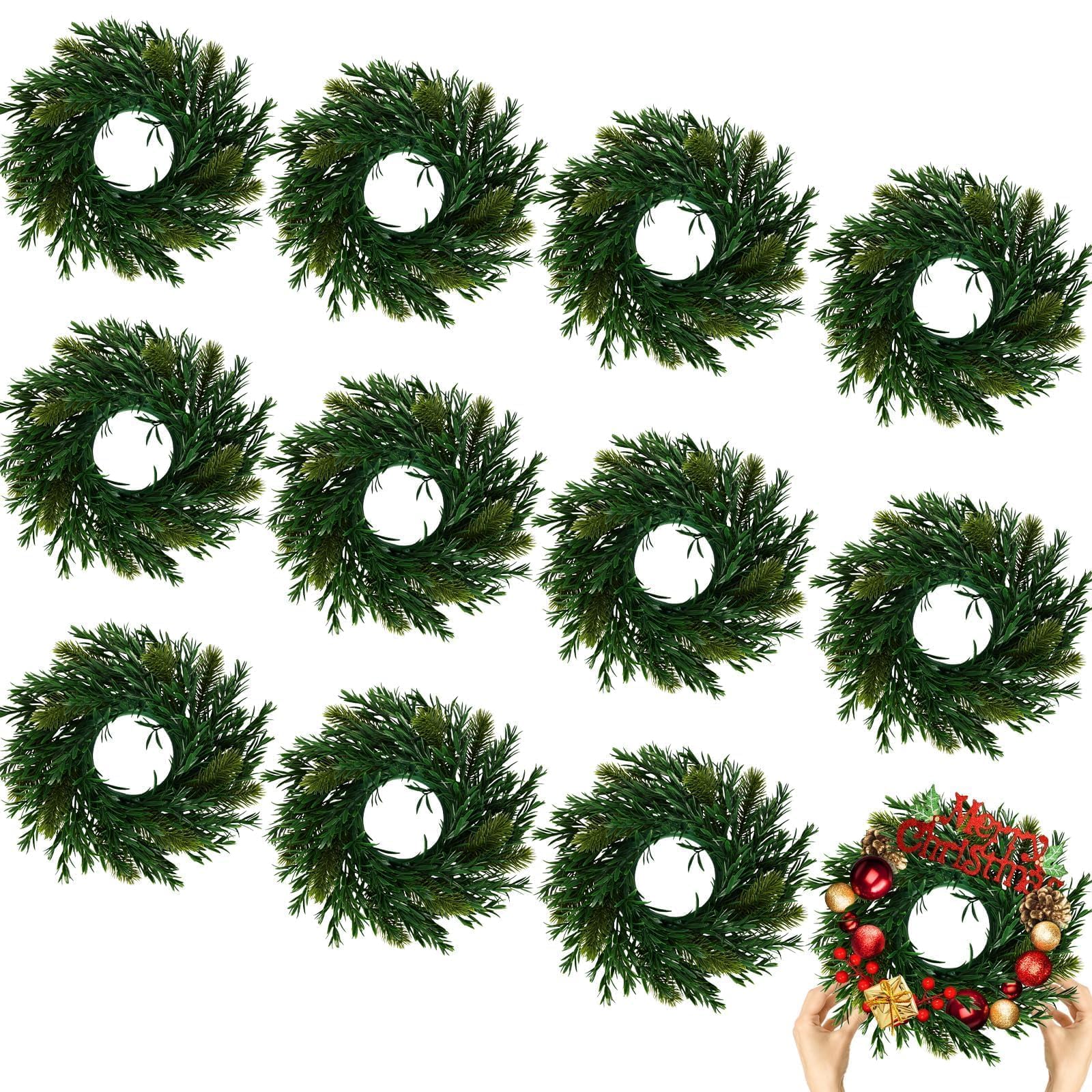 Photo 1 of 12 Pcs Christmas DIY Green Wreath 10 Inch Artificial DIY Faux Plain Wreaths Front Door Green Farmhouse Cabinets Indoor Outdoor Wall Decor(Willow Pine)