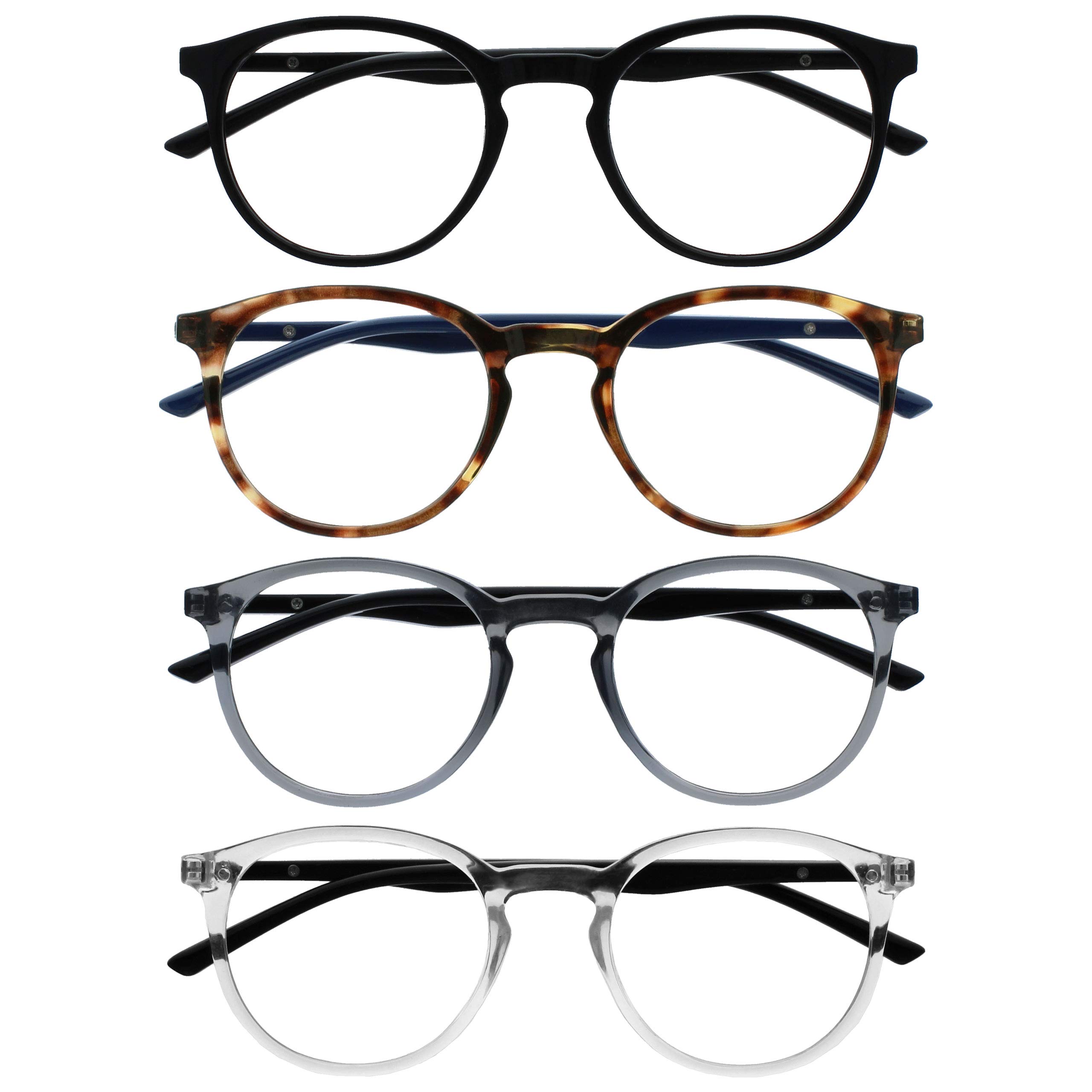 OPULIZE MET Reading Glasses for Women Men, Slim Round Frame with Spring Hinges and Scratch Resistant, Black,Brown,Grey,Clear +3.5 (Pack of 4)
