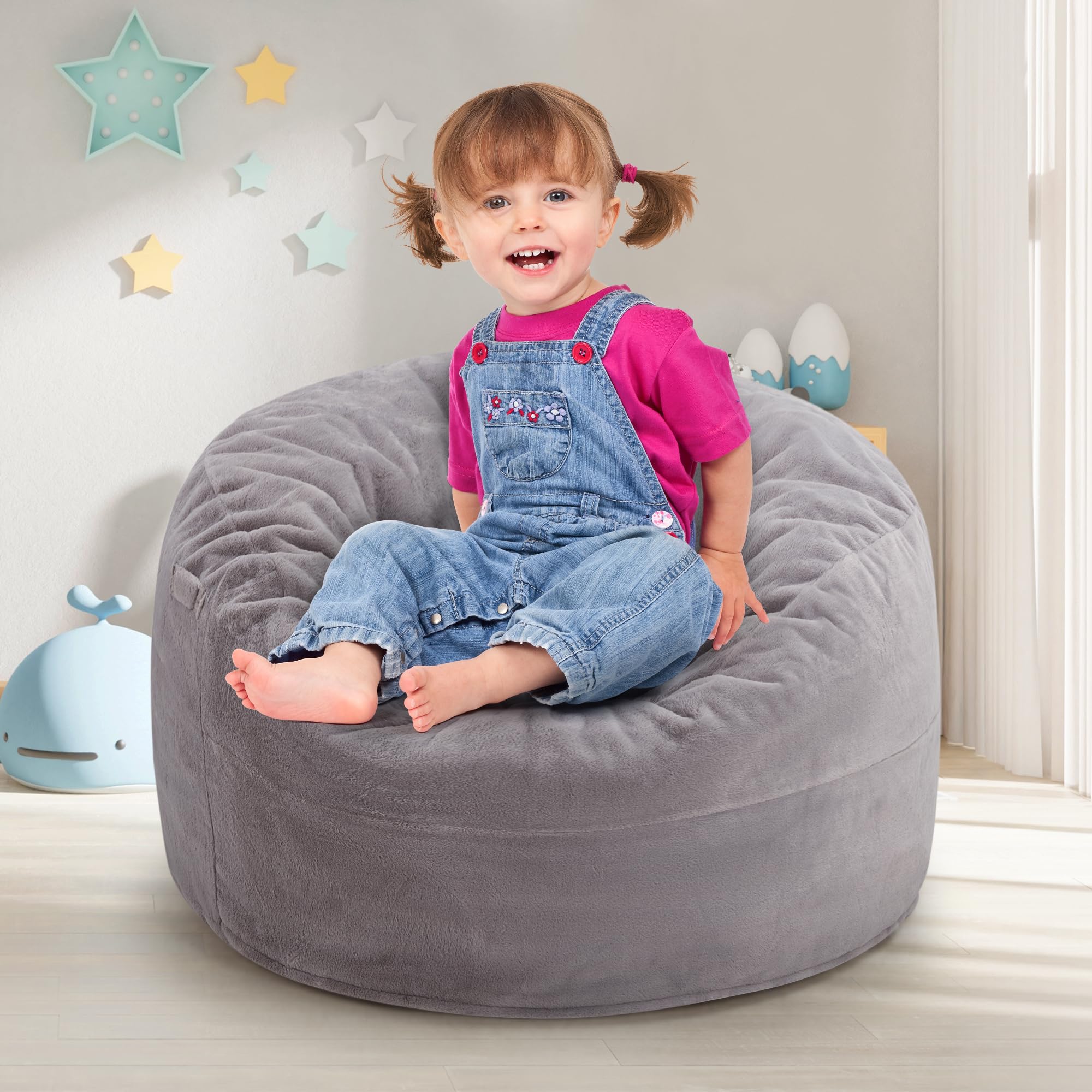 Photo 1 of Hobestluk Bean Bag Chairs 2.5FT Bean Bag Chair with Memory Foam Filled & Plush Faux Fur Cover Small Bean Bag Chairs for Playroom, Living Room, Bedroom (Grey)