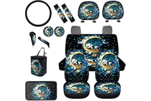 BIGCARJOB 15 Pcs Cute Panda Car Interior Sets for Women Car Seat Cover Vehicle Bucket Seat Cover Full Set Trash Can Car Seat Headrest Pillow Cover Seat Belt Pads
