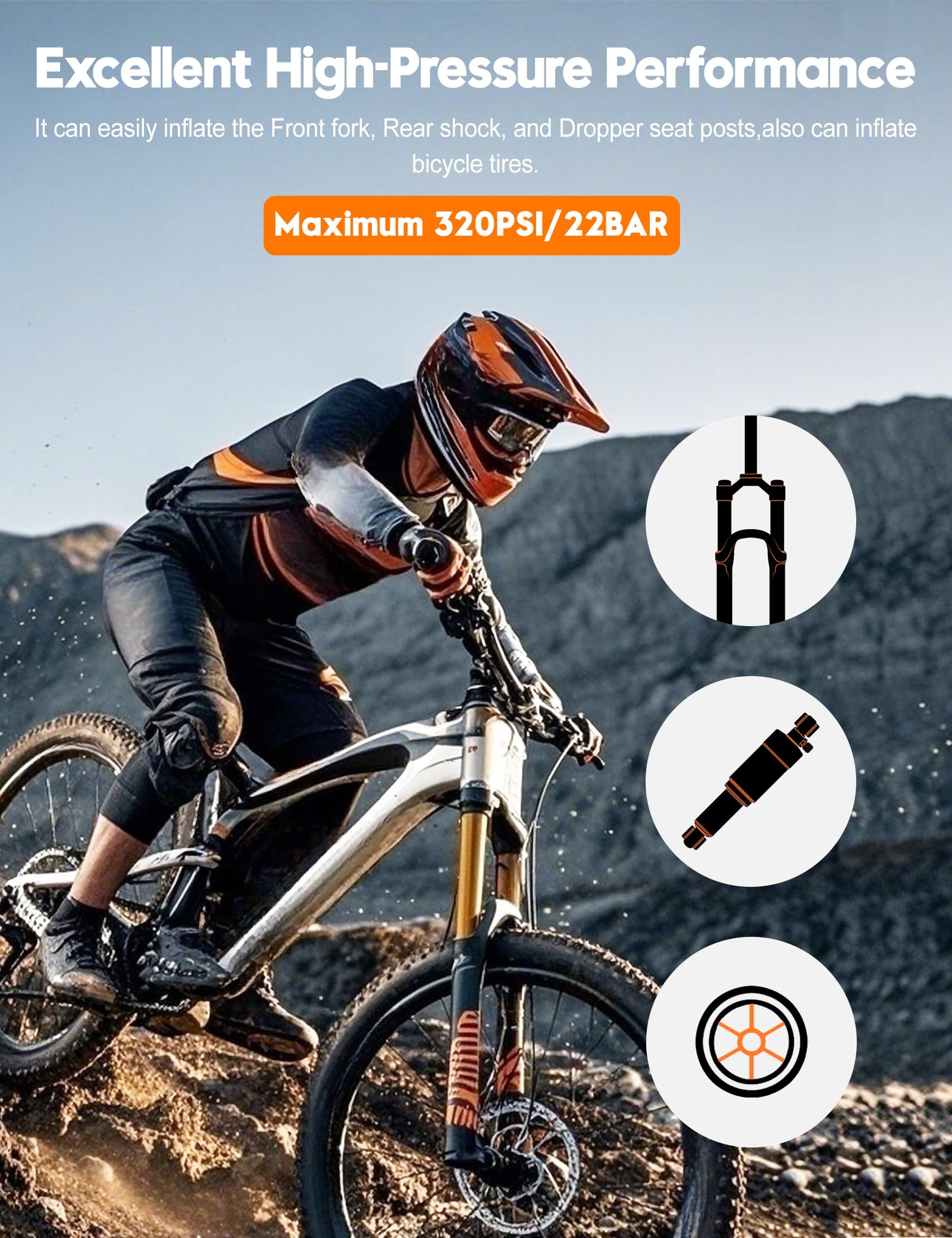 Tiakia Hochdruck Dämpferpumpe mit Digitaler Manometer 320PSI Für Luftdämpfer und federgabel,Tragbare fahrradpumpe Aluminium reifenpumpe Fahrrad Rahmenpumpen,Für Schrader/Presta、DH、MTB (Black) 2