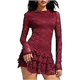 WDIRARA Women's Floral Lace Sheer Long Sleeve Boat Neck Layered Ruffle Mini Dress