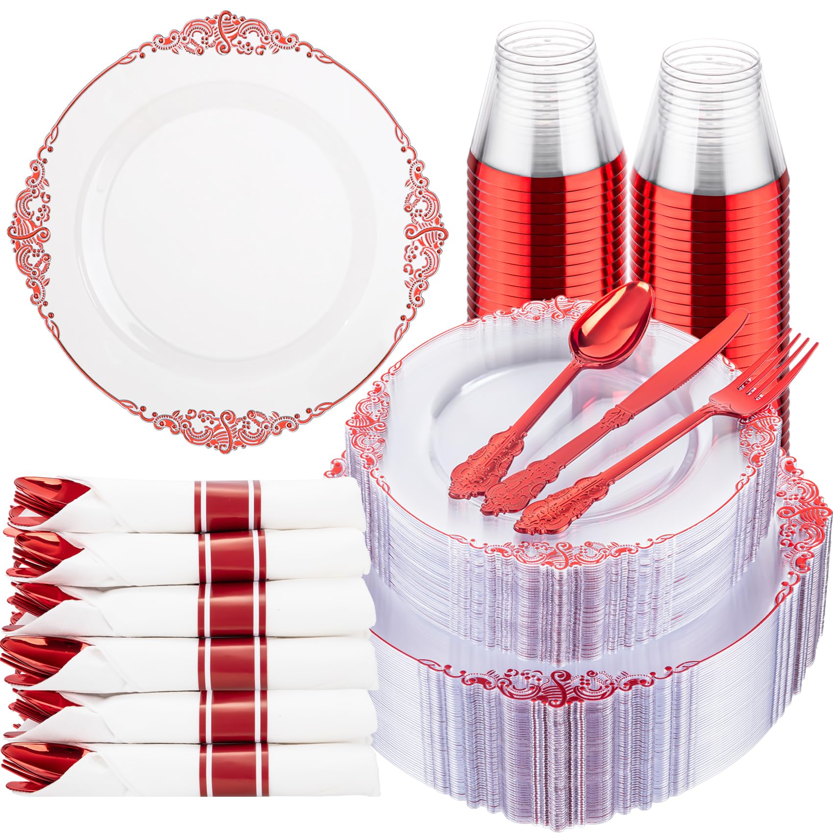 Photo 1 of Hioasis 350pcs Clear Red Plastic Plates - Elegant Disposable Dinnerware Set Suitable for 50 Guests Include 10.25" Dinner & 7.5" Dessert Plates, Pre Rolled Silverware Set, Cups for Party & Wedding