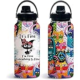 Uibunoo Cat Gifts for Women, Funny Black Cat Water Bottle Cup Tumbler with Lid 32oz Everything Is Fine, Cats Themed Gift for Mom Girls Friends, Cats Lovers Gift for Thanksgiving Christmas, 1 PCS
