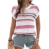 Ivicoer Womens Summer Vest Crochet Tops for Women Lightweight Sweaters 2025 Vacation Cruise Outfits Fall Pink Stripe M