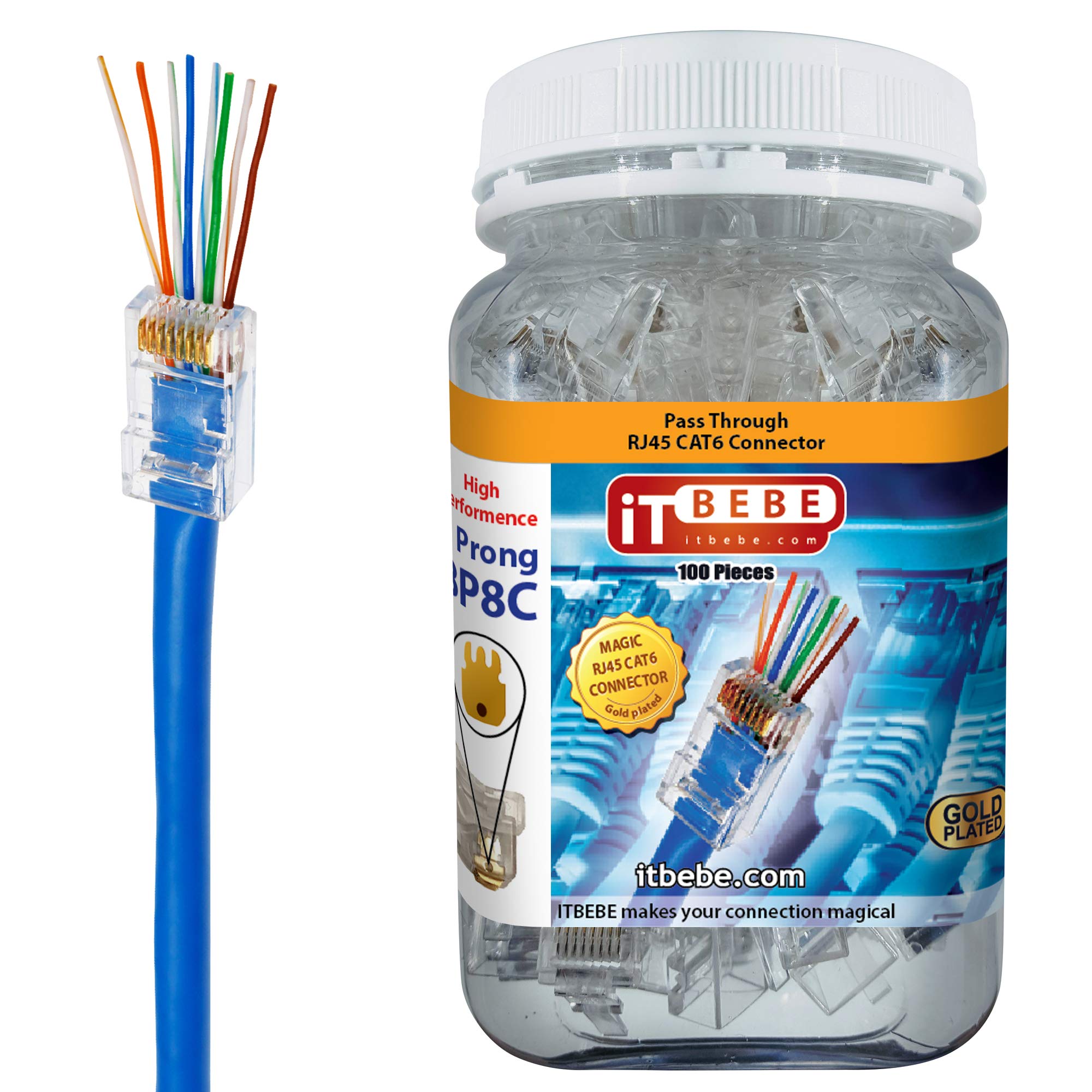 Gold Plated Pass Through RJ45 Cat6 Connector by itbebe 100 Pieces