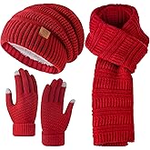 Pleneal Winter Womens Beanie Hat Scarf Gloves Set, Slouchy Beanie Knit Scarf Touchscreen Gloves Warm 3 Gift Set