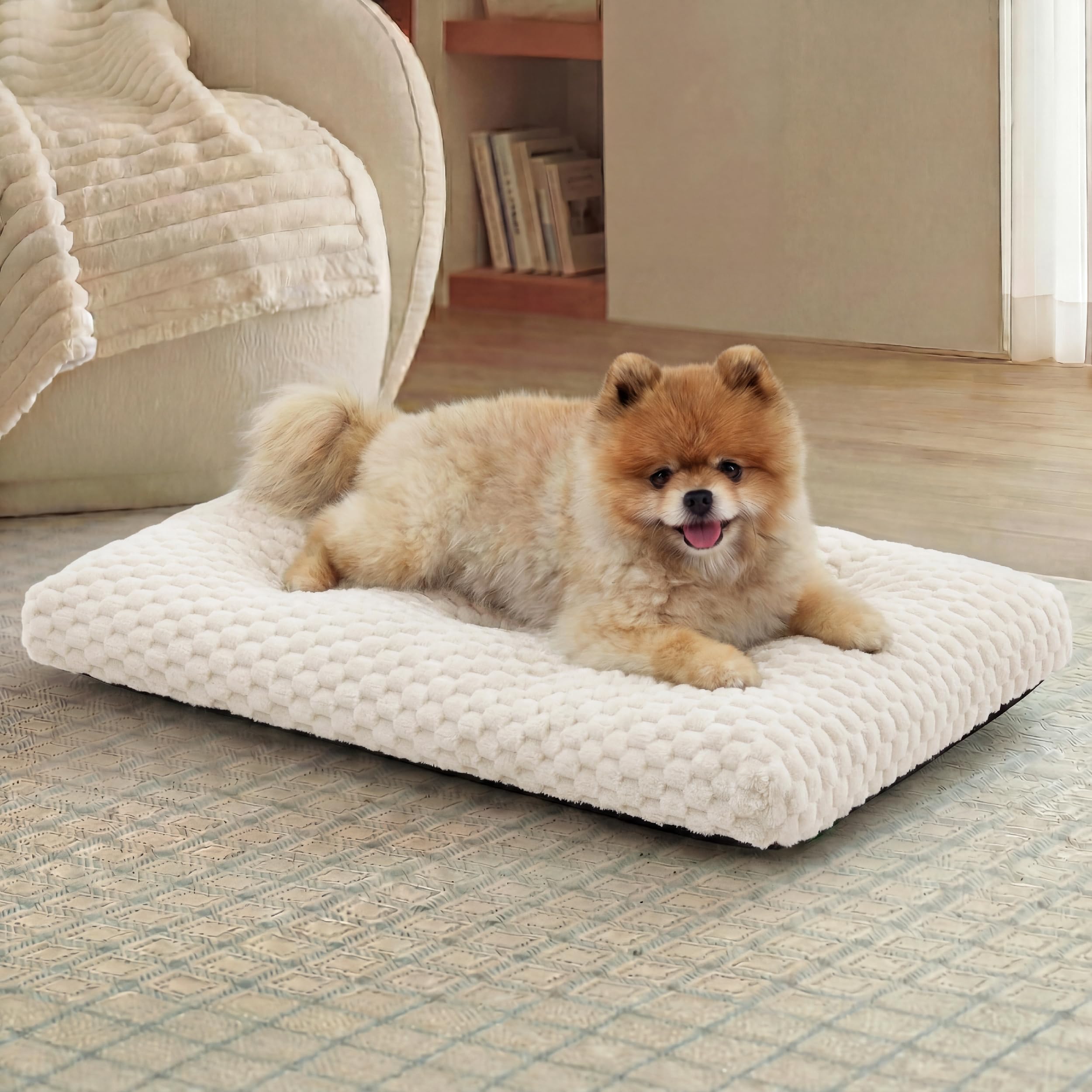 bedsure small washable dog bed for crate, soft fluffy bubble fleece pet bed mat, non-slip and machin