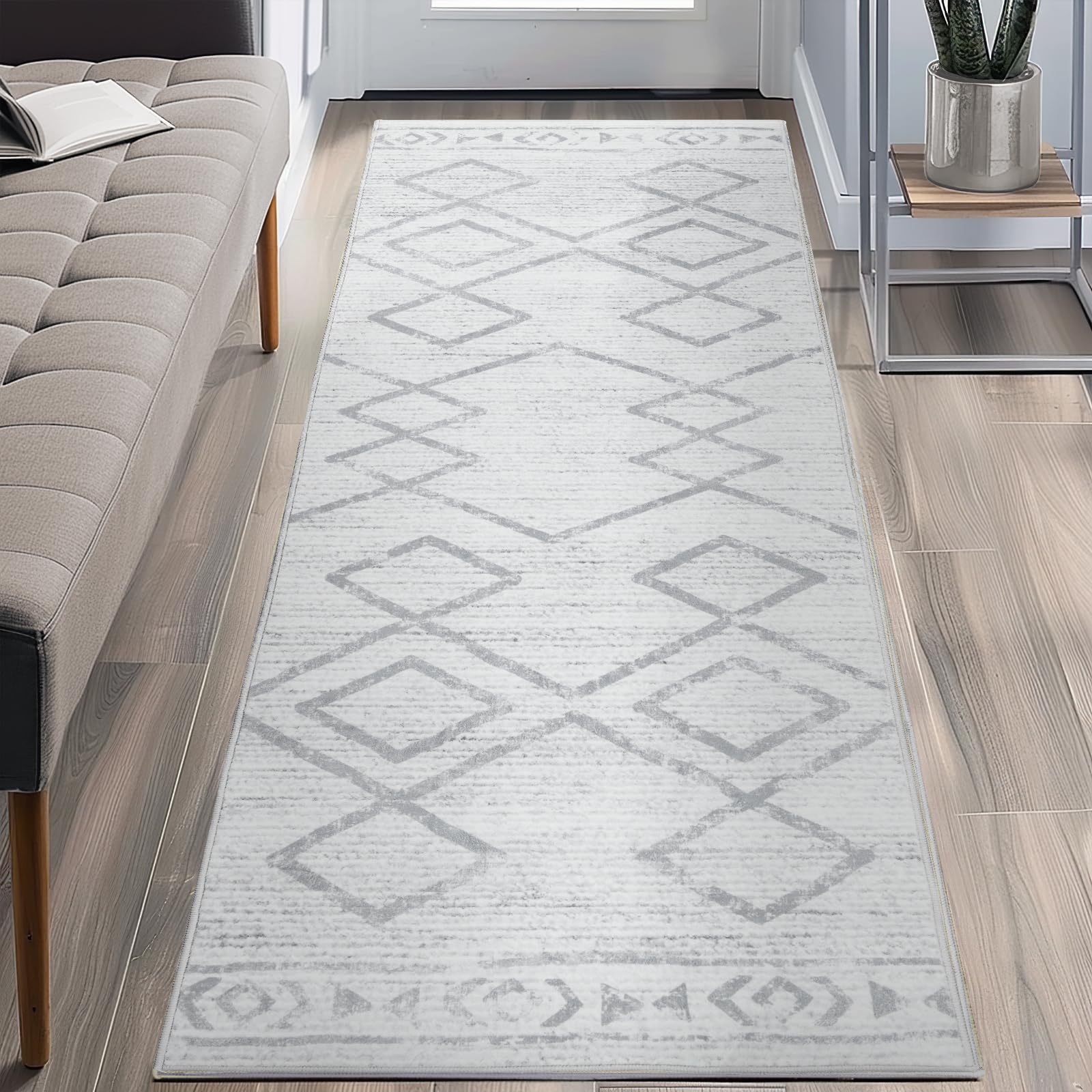 TOPICK Runner Rug 60x210cm Hallway Runner Grey Soft Short Pile Rug Indoor Mat Geometric Print Lightweight Carpet Non Slip for Bedroom Kitchen Dining Room Living Room