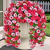 INXUGAO Artificial Fake Hanging Flowers Plants for Outdoor Decoration, 2PCS Faux Silk Morning Glory Long Vines Stems UV Resistant Look Real for Spring Summer Outside Home Porch Patio, Red Pink