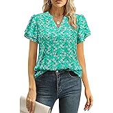 Uhiger Women Tops Dressy Casual Short Sleeve Blouses Petal Ruffle Shirts V Neck Chiffon Work Business Tunic Double Layer