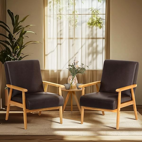 COLAMY PU LEATHER ACCENT CHAIR SET OF 2 FOR LIVING ROOM, MID CENTURY MODERN RELAXING ARMCHAIR WITH SOLID WOOD FRAME & SOFT CUSHION（BROWN