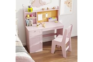 FTZxHKLX Kids Study Desk with Chair, Children Study Table and Chairs for 5-12 Years Old, Wooden Kids Desk and Chair Set with Hutch and Storage Cabinet for Bedroom, Study Room, Pink