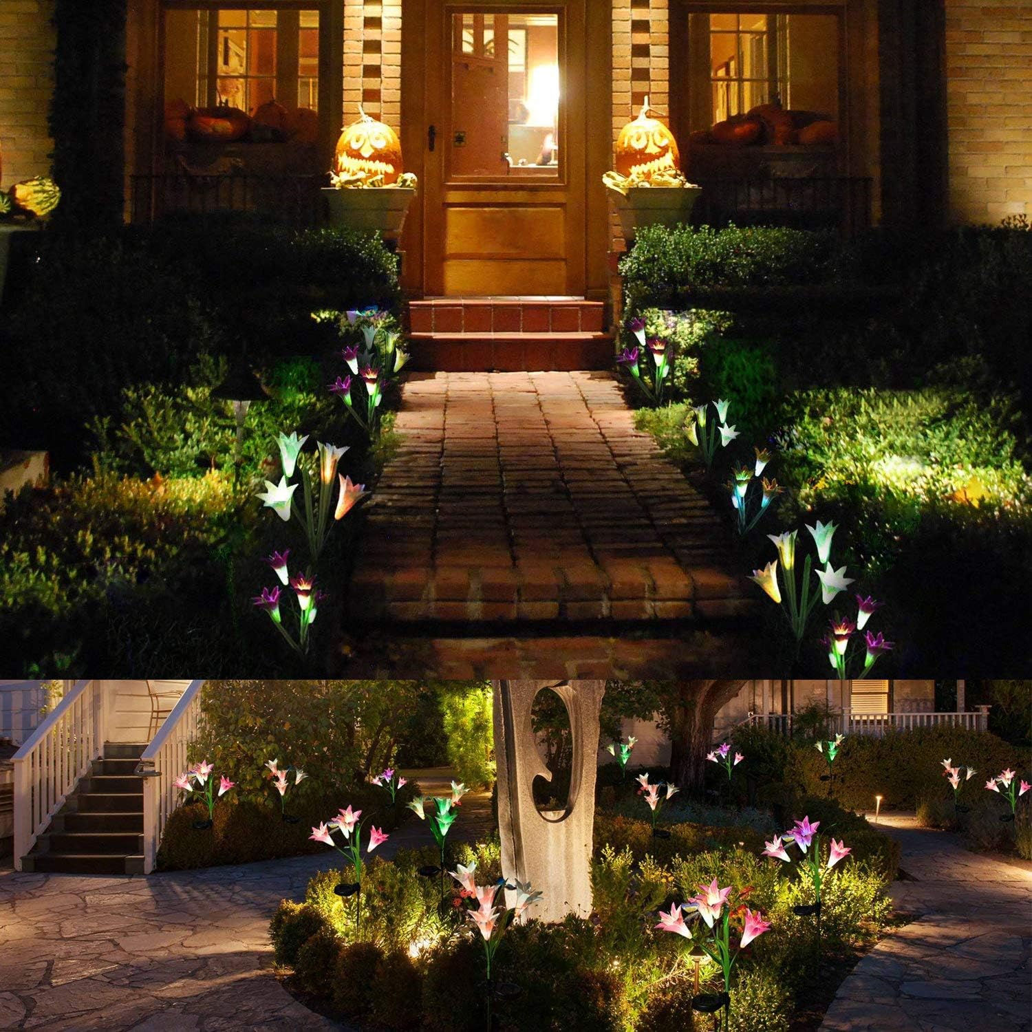 Outdoor Solar Garden Stake Lights - Wohome 2 Pack Solar Flower Lights with 8 Lily Flower, Multi-Color Changing LED Lily Solar Powered Lights for Patio, Yard Decoration - - 