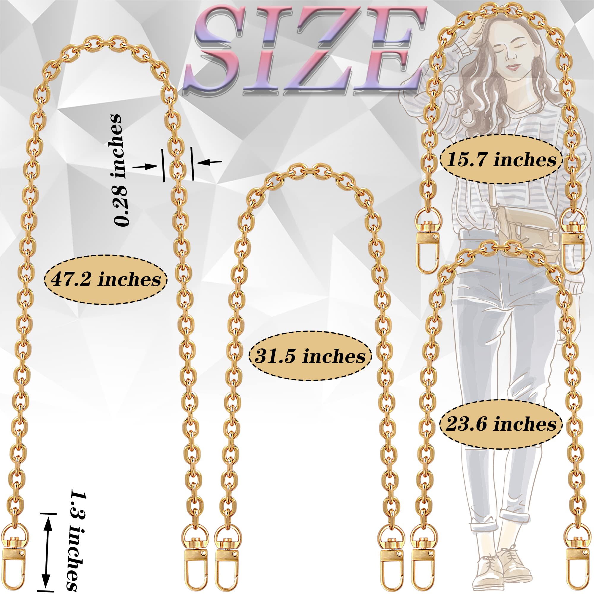 4 Pcs Different Size Purse Chain Strap Cross body Chain Strap Replacement Chain for Handbag Shoulder Bag Purse(15.7/23.6/31.5/47.2 Inches-O chain 0.28 Inch, Gold)