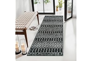Lahome Moroccan Black Rug Runner - 2x4 Area Rug Non-Slip Low-Pile Washable Entryway Runner Rug Small Throw Kitchen Rugs Bath Mat Runner, Geometric Print Carpet Runner for Hallway Bedroom (Black,2'x4')