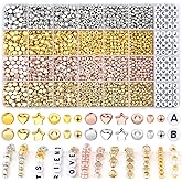 TINKRSTUFF 2420Pcs Assorted Gold Spacer Beads, Mini Acrylic Round, Heart, Star, Flat, Rhombic & Letter Beads for Jewelry Making & DIY Crafting (Gold, Silver, Rose Gold, KC Gold)
