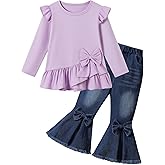 Tainmully Toddler Girl Clothes Solid Color Ruffle Bowtie Top and Flare Pants Set Girls Fall Winter Outfits for 2-7 Years