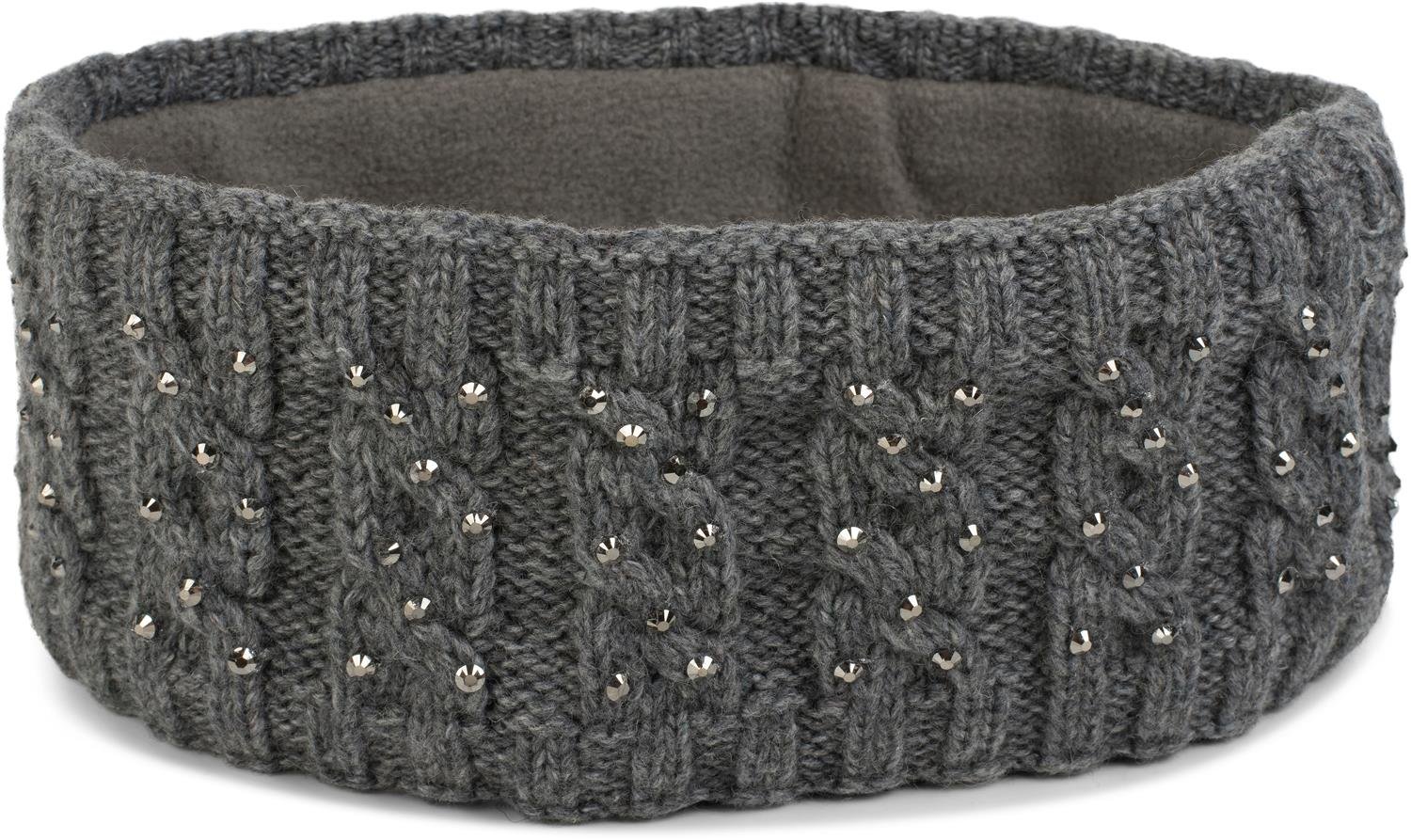 styleBREAKER Women Browband with plait pattern and rhinestones, soft fleece lining, hair band, headband 04026001, color:Grey