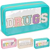 Chenille Letter Clear Makeup Bags Drugs Pouch, Preppy Patch Makeup Bag with Zipper, Transparent PVC & Nylon Waterproof Portable Glitter Cosmetic Bag Travel Toiletry Storage for Women Girl(DRUGS-Green)