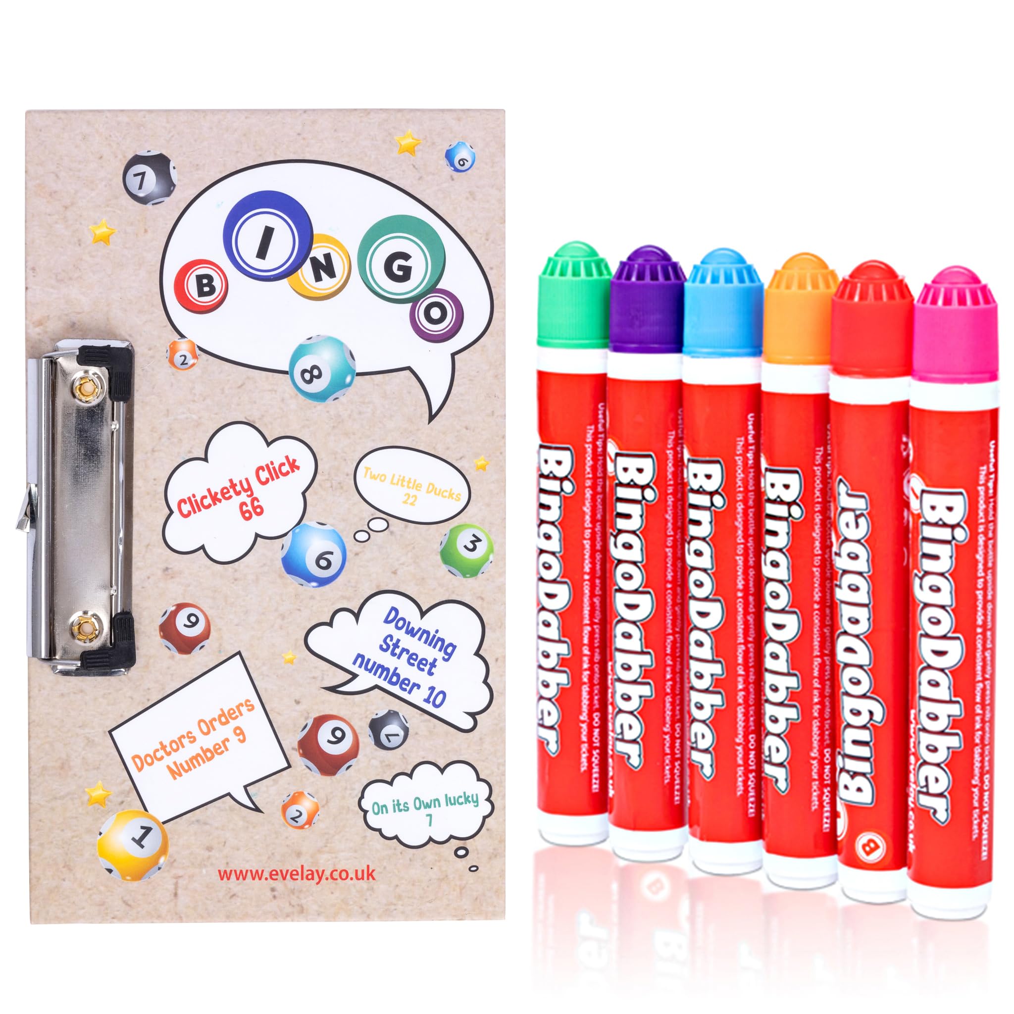evelay Bingo Board & 6 Coloured Dabbers Clasp Clip Small Lucky Clip Board Colourful