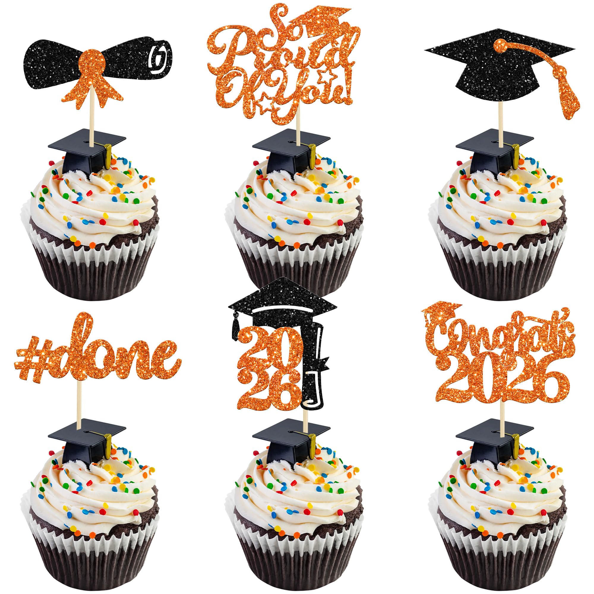 Gyufise 24Pcs 2026 Graduation Cupcake Toppers Orange Glitter Congrats Class of 2026 Done Diploma Grad Cap Cupcake Picks So Proud of you Cake Decoratiosn for 2026 Graduation Theme Party Supplies