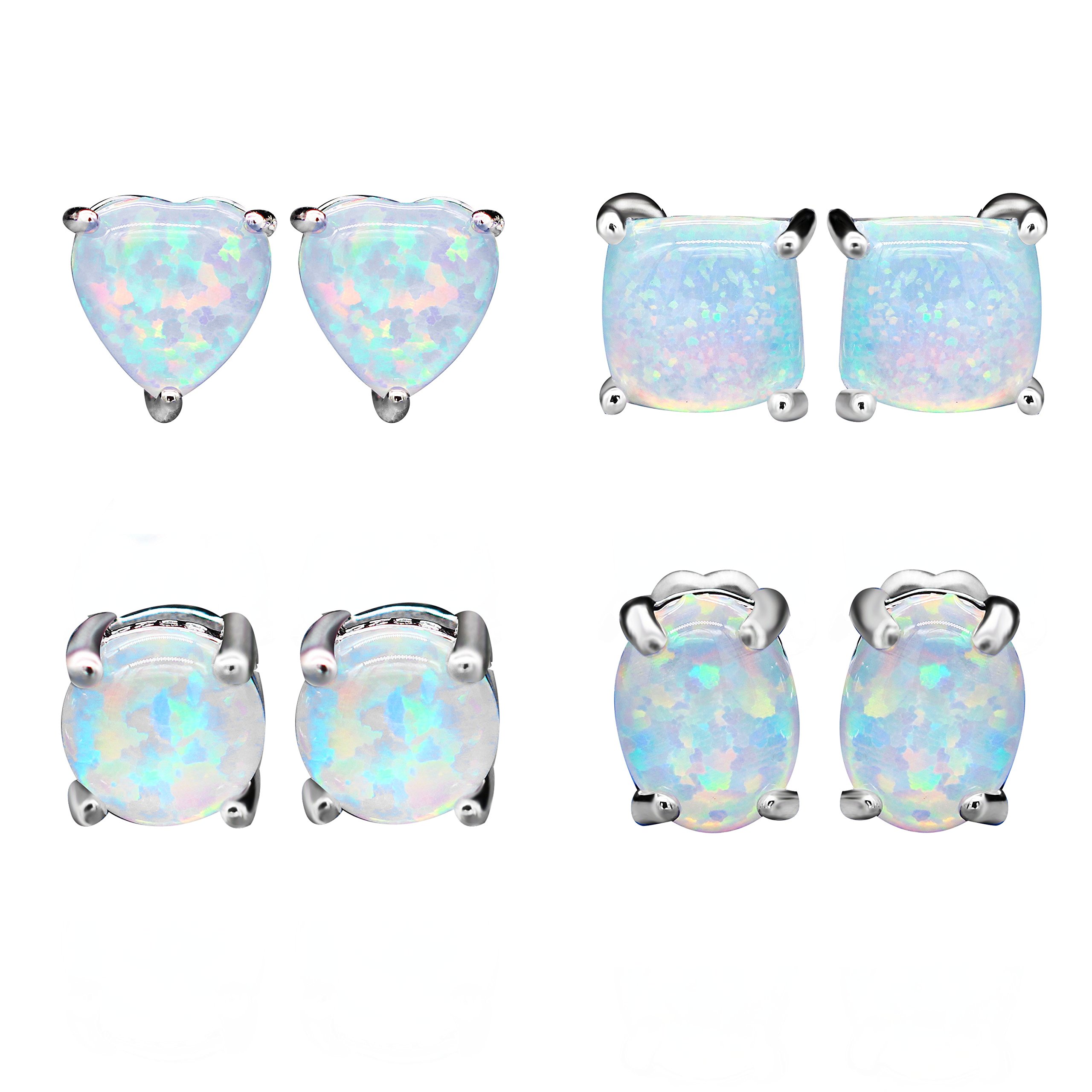 Uloveido White Gold Plated Fashion Moonstone White Opal Birthstone Stud Earrings Set in Round Oval Rectangle and Heart Shape (Pack of 4 Pairs with 1 Card Box) Y419-White