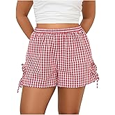 Verdusa Women's Gingham Plaid Shorts Bow Tie Split Elastic Waist Y2k Wide Leg Shorts Summer Vacation Outfits Picnic Clothes