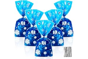 Outus 100 Pcs Christmas Favor Bags Snowflake Santa Claus Treat Bags Flat Cellophane Plastic Container for Bakery Cookies Candies Dessert with 100 Pieces Twist Ties(Snowflake,Silver)