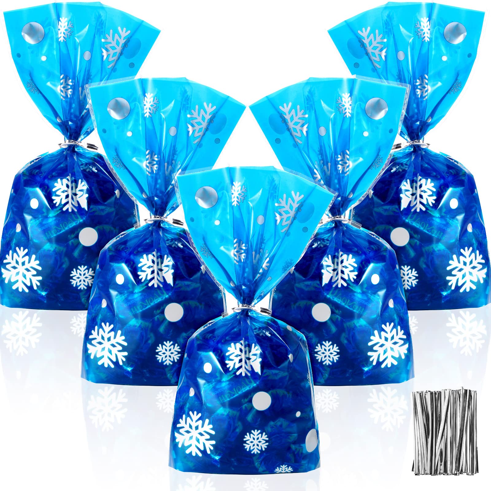 50 Pieces Christmas Favor Bags Snowflake Pattern Treat Bags Flat Cellophane Plastic Party Bags for Bakery, Popcorn, Cookies, Candies and Dessert with 100 Pieces Gold Twist Ties (Blue with Silver)