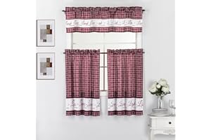 Interior Trends Live Love Laugh 3 Piece Printed Kitchen Window Curtain Valance and Tier Panels Set (Burgundy, 36" Tiers Set)
