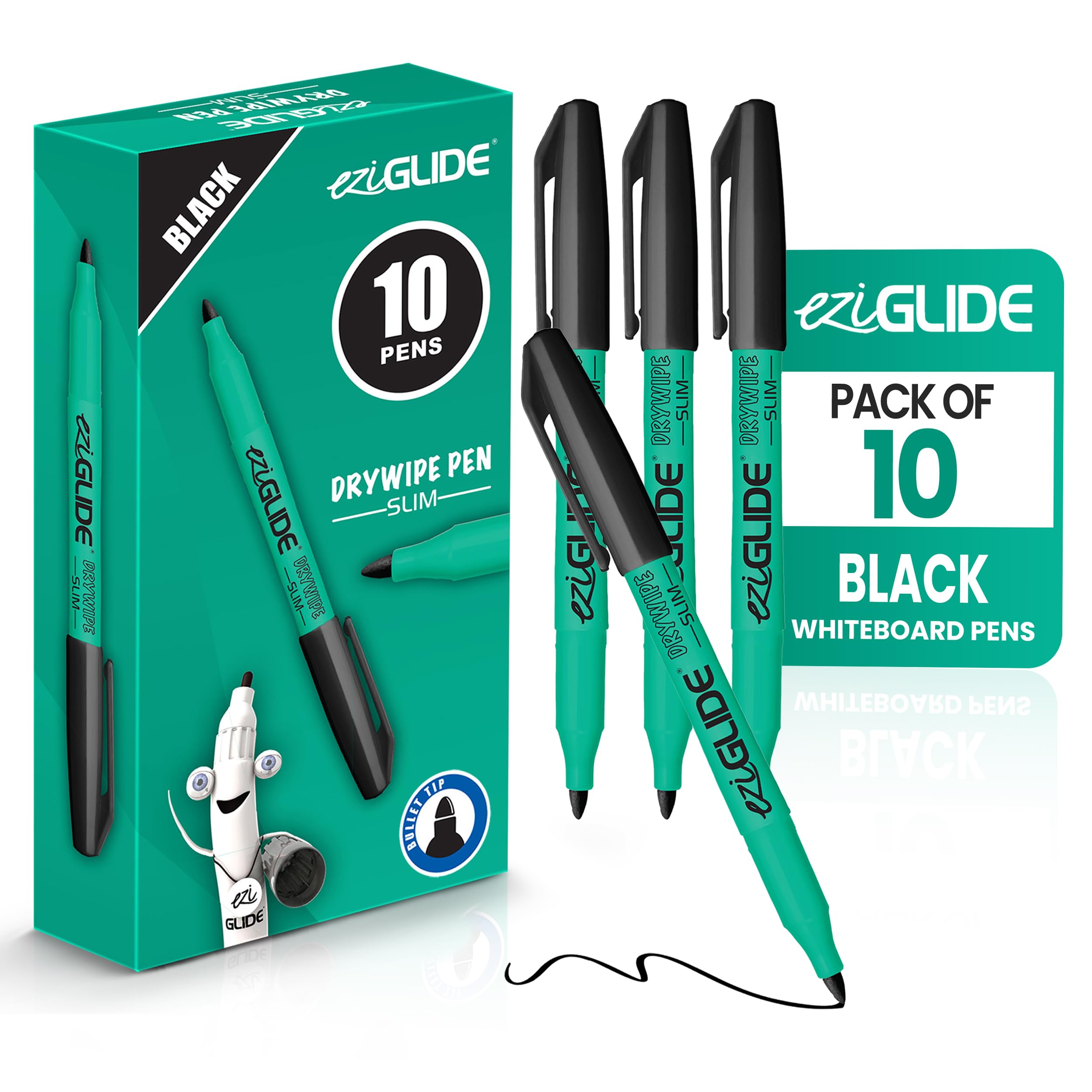 Eziglide Black Whiteboard Pens Pack of 10, Dry Wipe Markers for Board, Thin Slim Barrel Dry Erase Marker, Erasable Whiteboard Pens Black for School, Office & Home Schooling