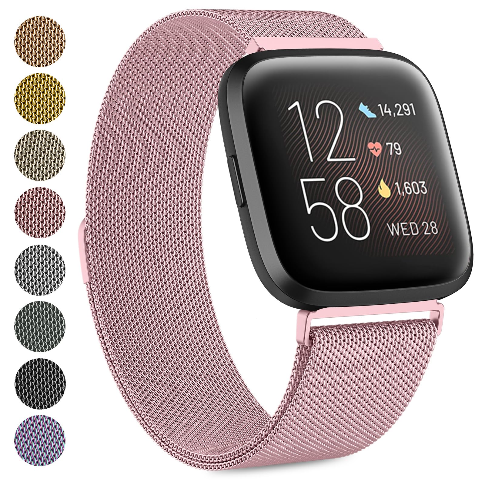 Compatible With Fitbit Versa/Versa 2 for Women Men, Breathable Stainless Steel Mesh Loop Adjustable Wristband Replacement Metal Strap (Rose Pink, Small) — image 1