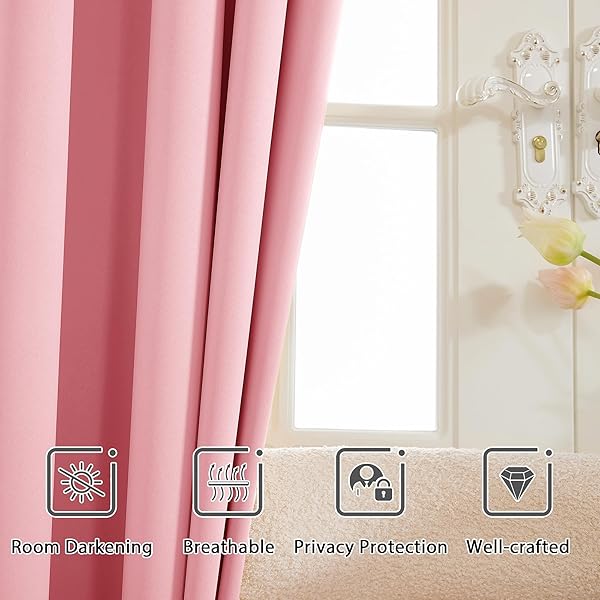 LCOOMZEN PINK GROMMET BLACKOUT CURTAINS FOR BEDROOM AND LIVING ROOM 2 PANELS SET THERMAL INSULATED ROOM DARKENING CURTAINS (W52 X L90 INCH, PINK)
