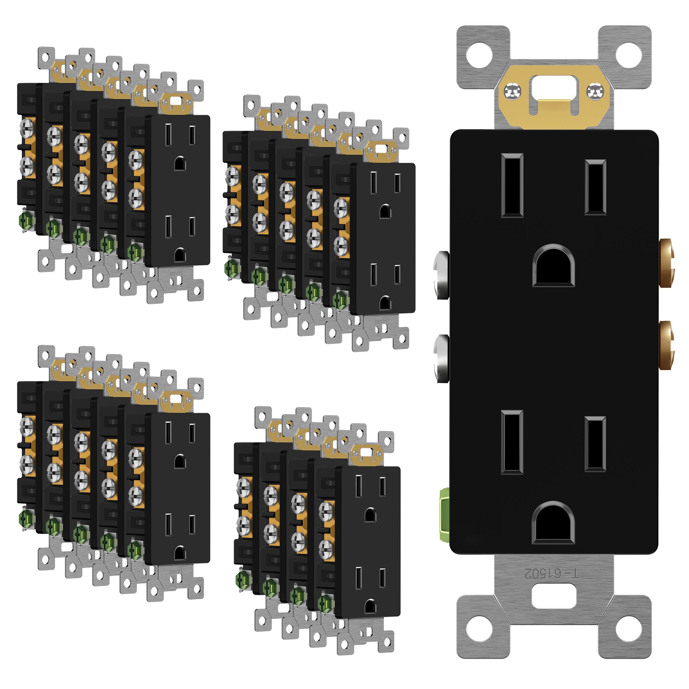 ENERLITES Black Decorator Receptacle, Standard Electrical Wall Outlet, 15A 125V, Self-Grounding, 2-Pole, 3-Wire, 5-15R, UL Listed, 61502-BK, 20 Pack, Non Tamper Resistant Image