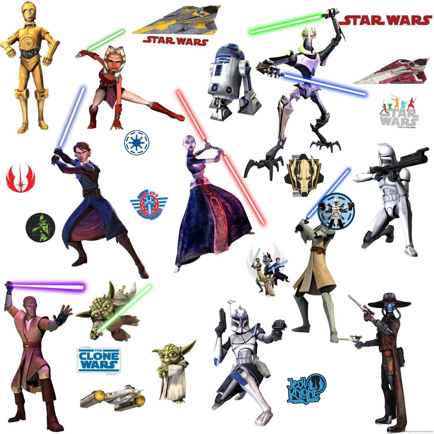 Star Wars Movie - The Clone Wars Wall Decals Stickers - C-3PO, Yoda, Obi-Wan, Mace Windu, Anakin Skywalker, Ahsoka Tano, R2D2, Clone Trooper Soldier, EP VII Storm Trooper, General Grievous