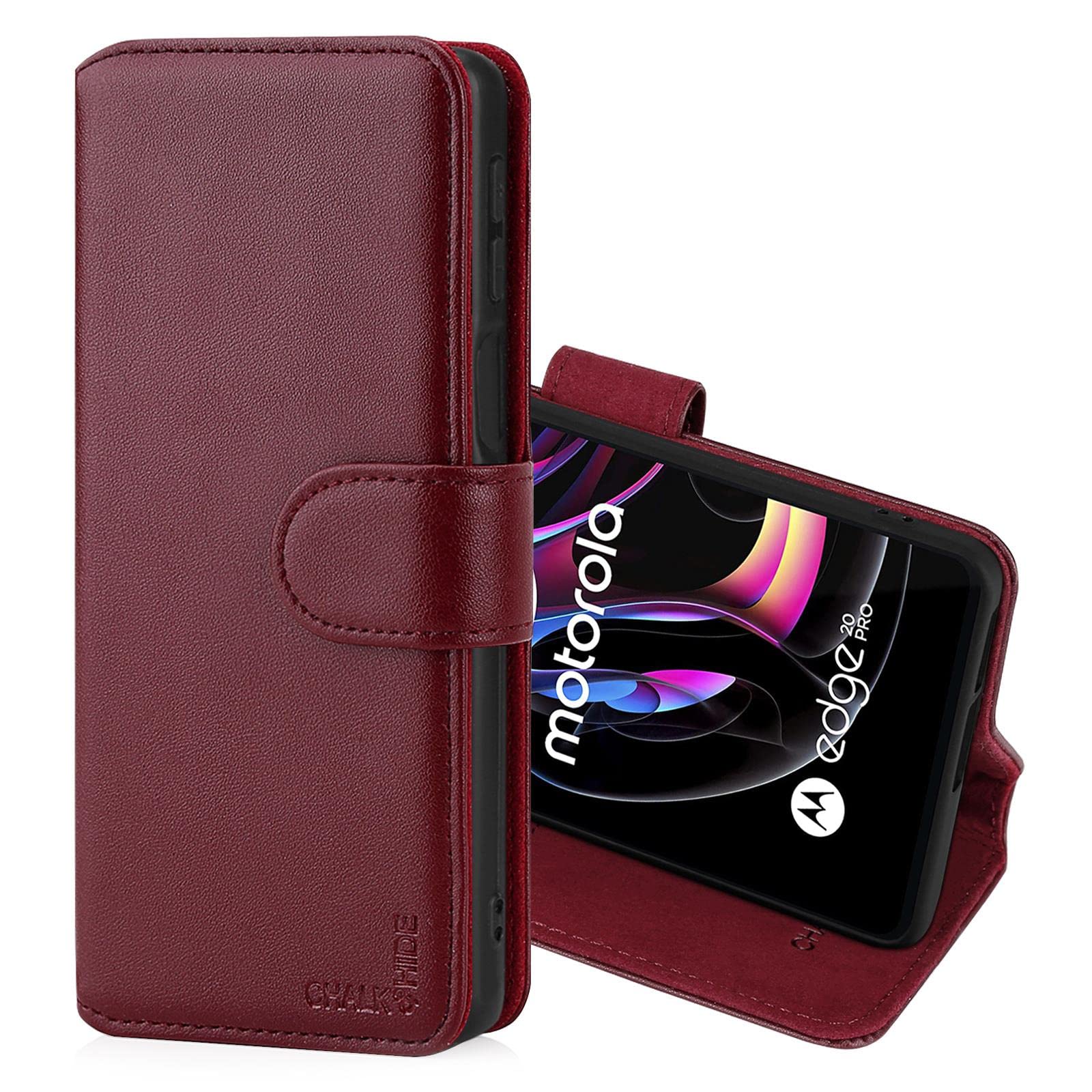 CHALK & HIDE - Real Leather Book Wallet Flip Case Cover For Motorola Moto Edge 20 Pro, Real Leather Design With Card Slot, Magnetic Closure and Built In Stand - Burgundy