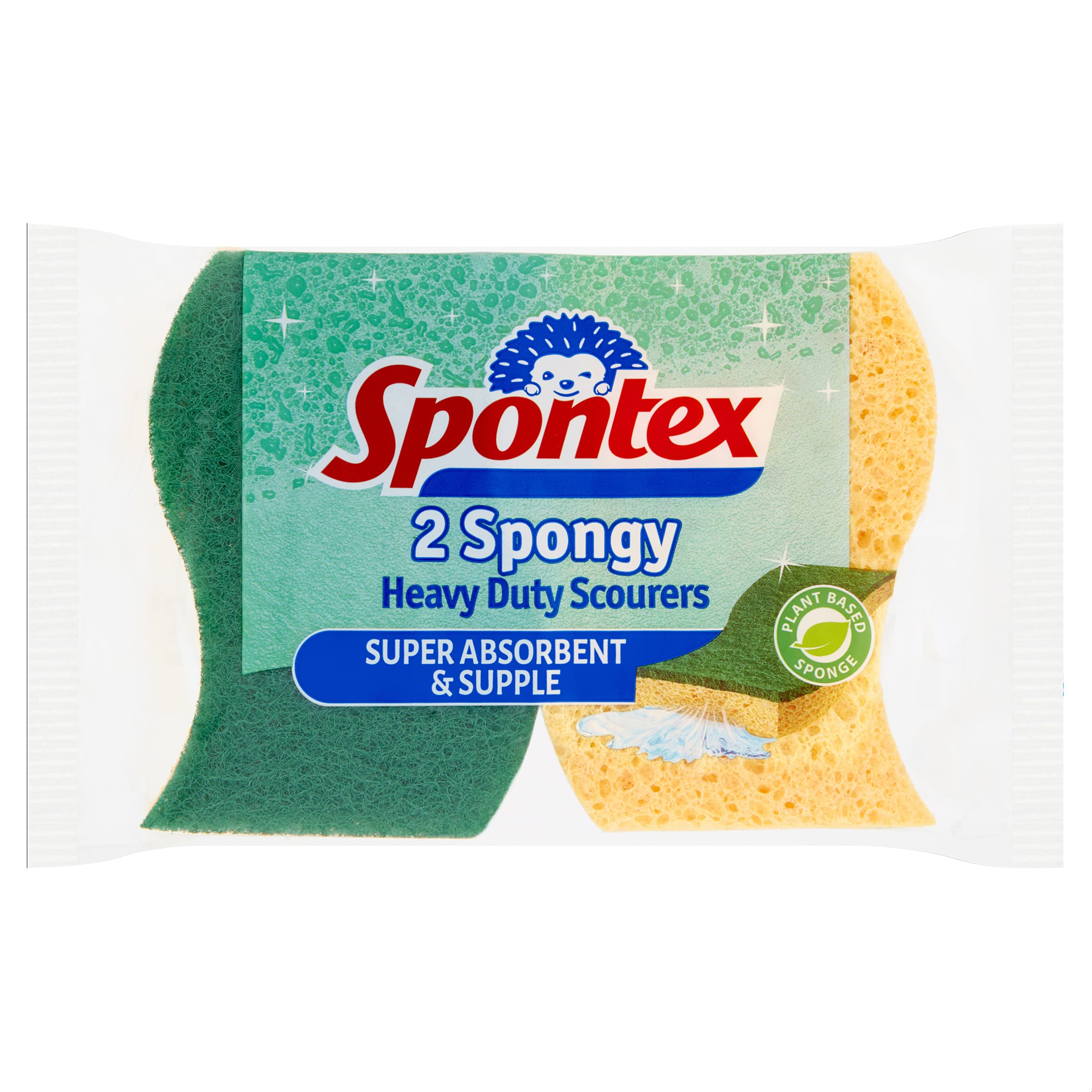 Spontex 2 Spongy Heavy Duty Sponge Scourers | Super Absorbent & Supple, Yellow Spongegreen Scourer