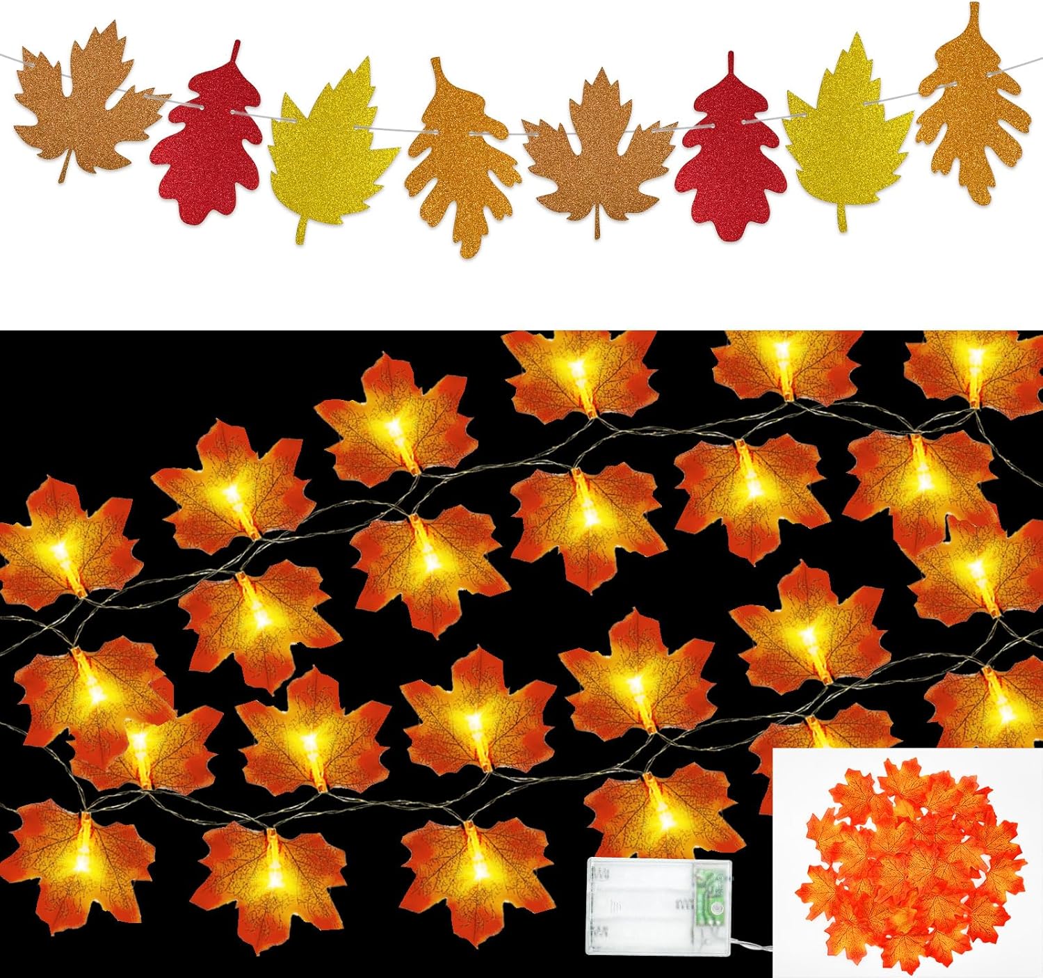 Wreaths, Garlands & Swags - Fall Decorations,33FT Fall Thanksgiving Glitter Tinsel Garland and 40 LED Maple Leaves String Lights Artificial Maple Leaves for Wedding Pumpkins Autumn Harvest Party Halloween Decor(Banner Lights)