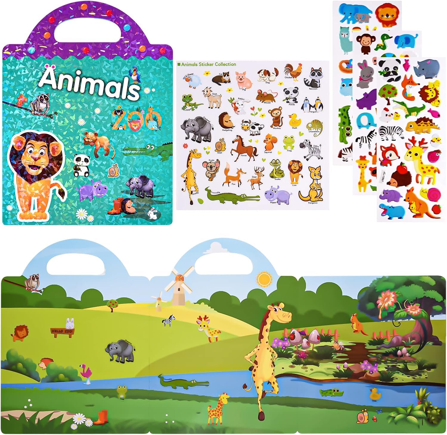 MikiddyToys Animals Sticker Scenes Book for Kids – 88 Reusable Stickers, Puffy Sensory Learning Toy for Toddlers, 4 Fold-Out Themed Scenes – Educational Game, Party Favour & Birthday Gift