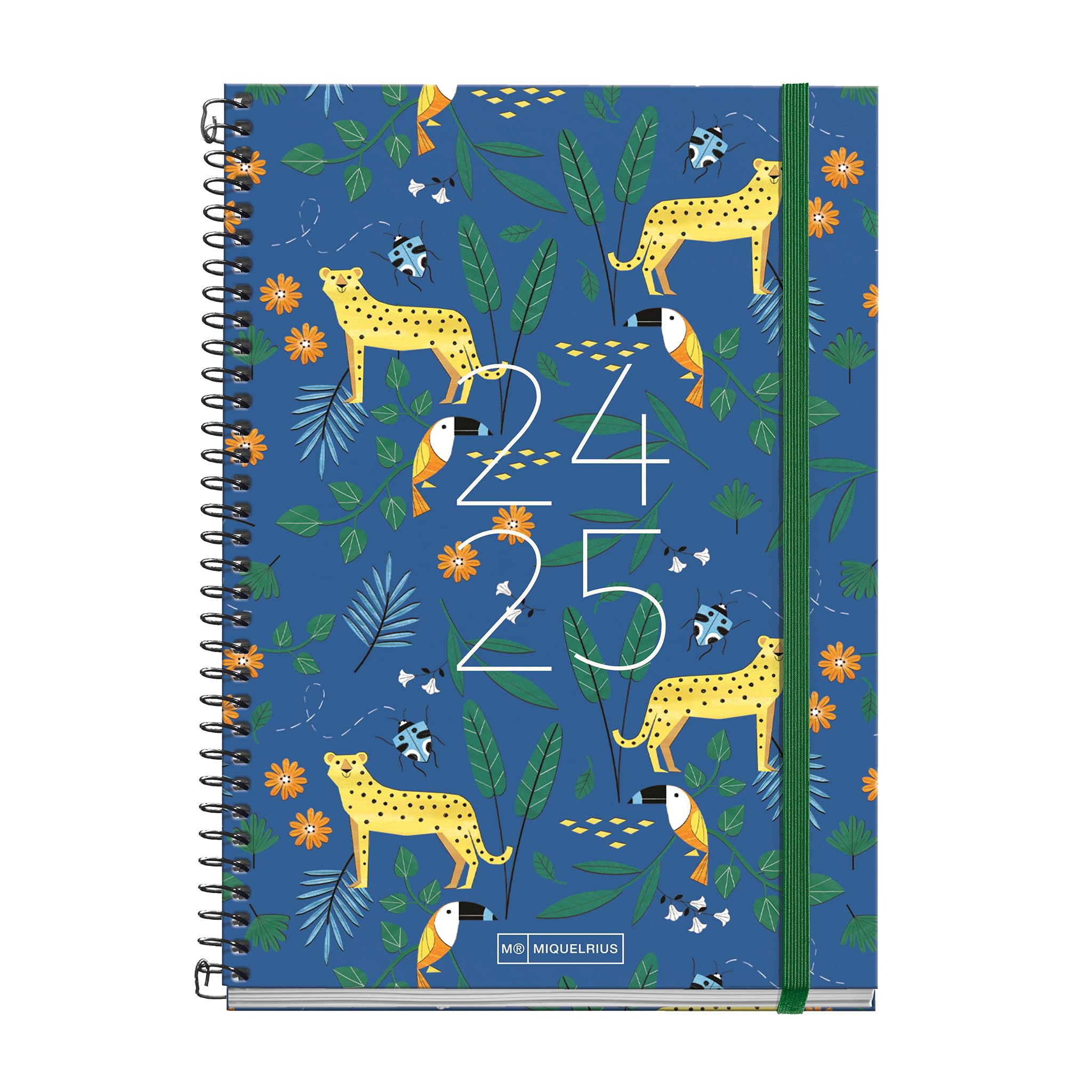 Miquelrius - School Diary 2024-2025, September 24 to June 25, 155 x 215 mm, Day Page Agenda, Lined Cardboard Cover, Agenda 2024 2025, Spiral Metallic Black, Spanish and English, Jungle