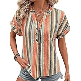 Flamingals Casual Short Sleeve Stripe Oversized Vintage Button Up Blouses Tops for Women