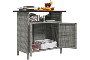 Outsunny Wicker Outdoor Storage Cabinet, Rattan Outdoor Bar Table with 2 Doors and Shelf, Outdoor Buffet Cabinet Sideboard wi