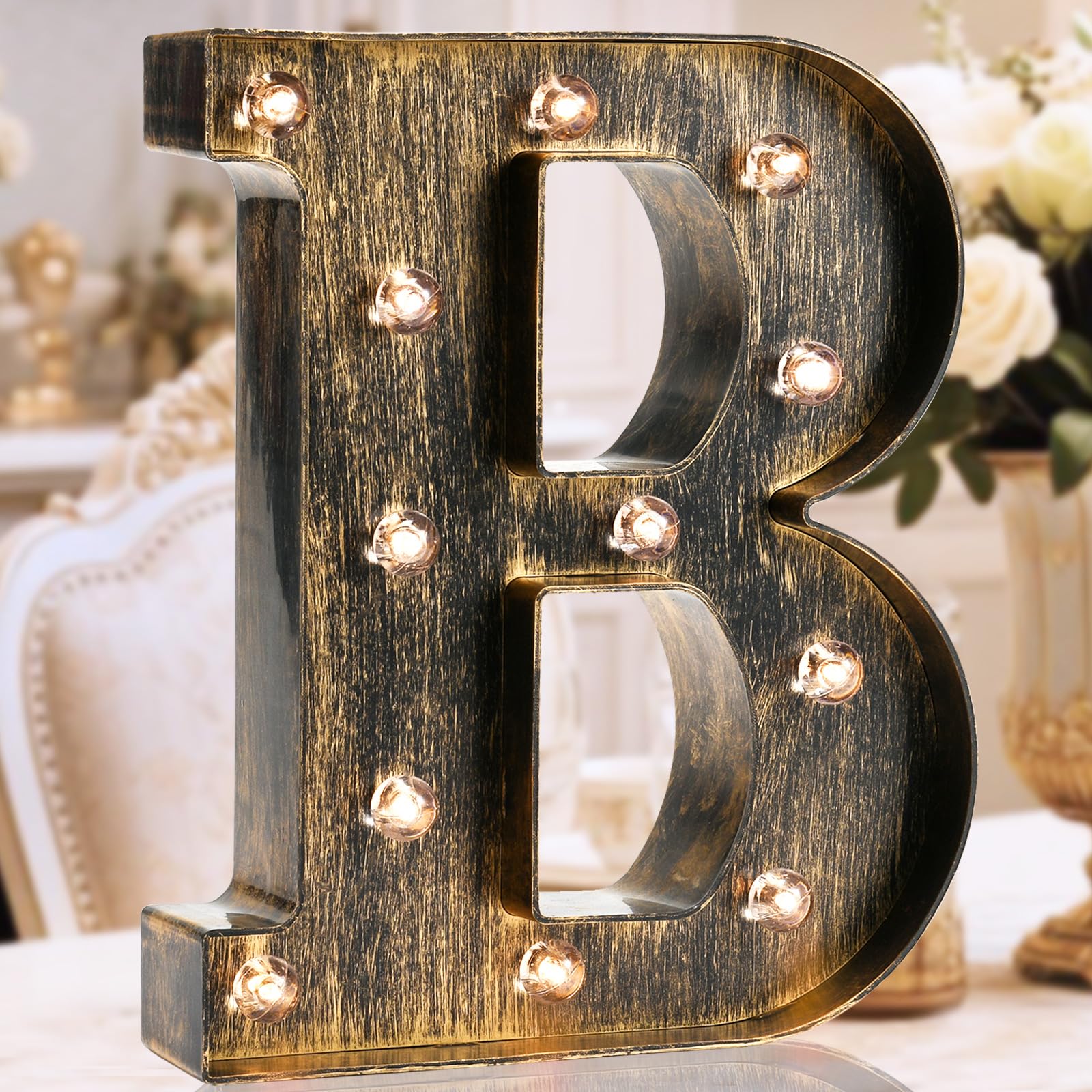 Oycbuzo Golden Black Led Marquee Letter - Industrial, Vintage Style Light Up Alphabet Letter Sign for Cafe Wedding Birthday Party Christmas Lamp Home Bar Initials Decor - B