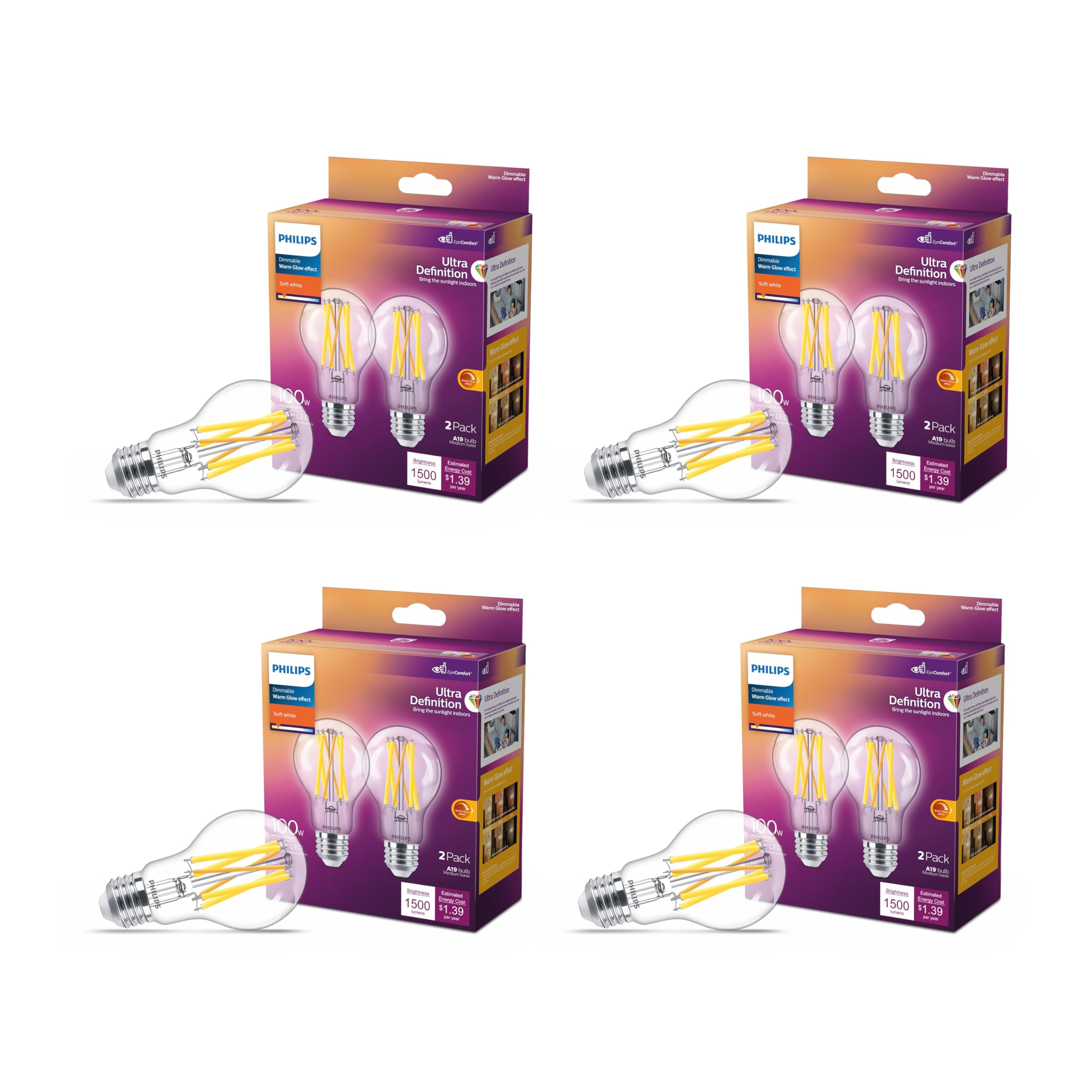 Photo 1 of Philips LED A19 Ultra Definition Dimmable LED Light Bulbs - Flicker-Free 100w Light Bulbs with EyeComfort Technology - Soft White 2700K Lightbulb - 1500 Lumen - E26 Base - 8 Pack