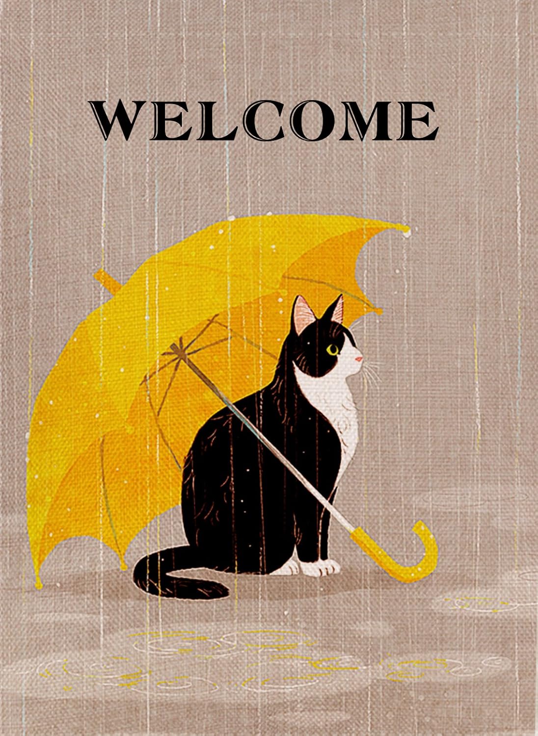 Dyrenson Decorative Outdoor Double Sided Quote House Flag Large 28 x 40 Yellow Welcome Cat, Garden Yard Kitten Decor Spring Summer, Home Funny Garden Yard Umbrella Decoration