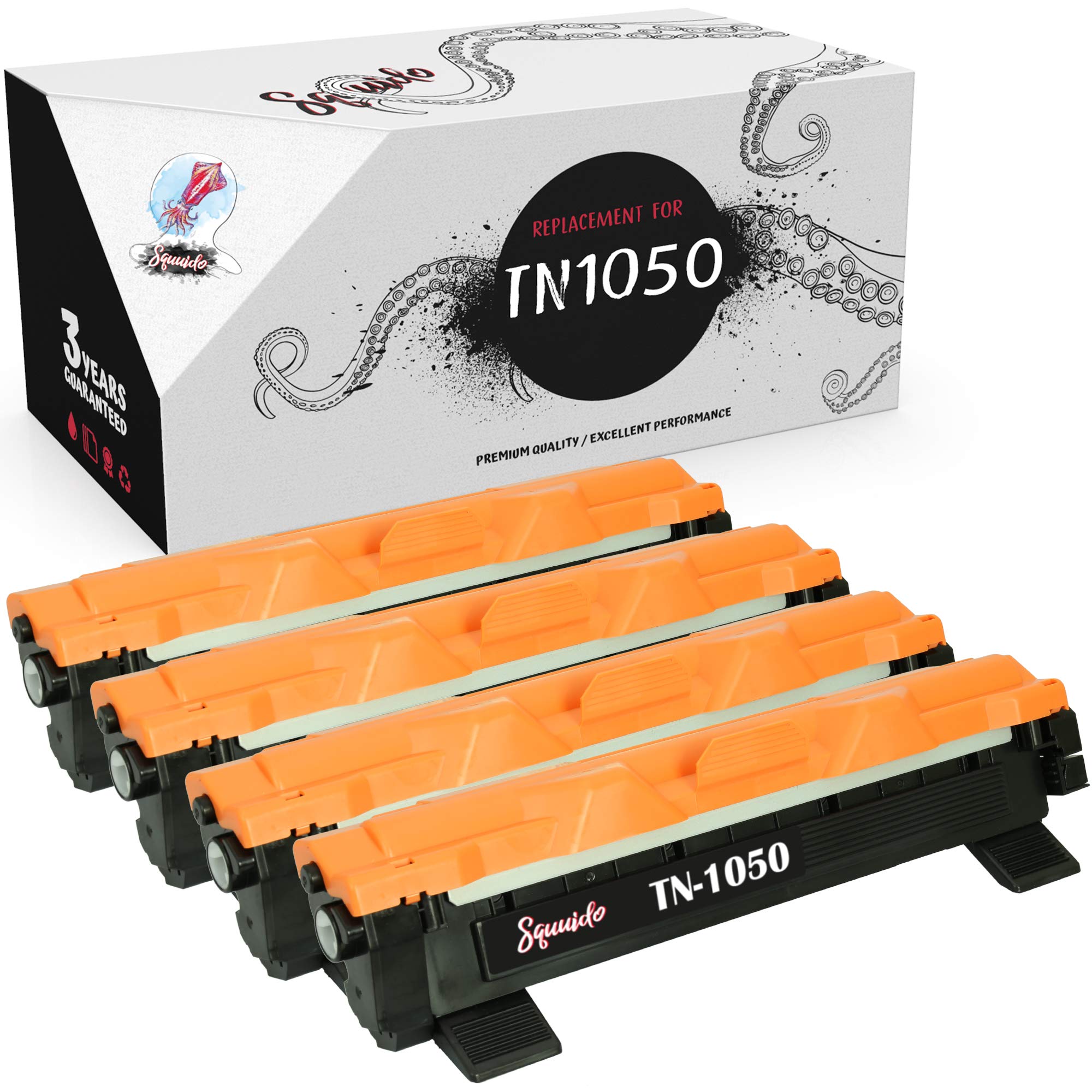 Squuido 4 toner cartridges TN1050 TN 1050 compatible with Brother MFC-1810 MFC-1910W HL-1110 HL-1112 DCP-1510 DCP-1512 DCP-1610W DCP-1612W HL-1210W HL-1212W | High Yield 1000 pages